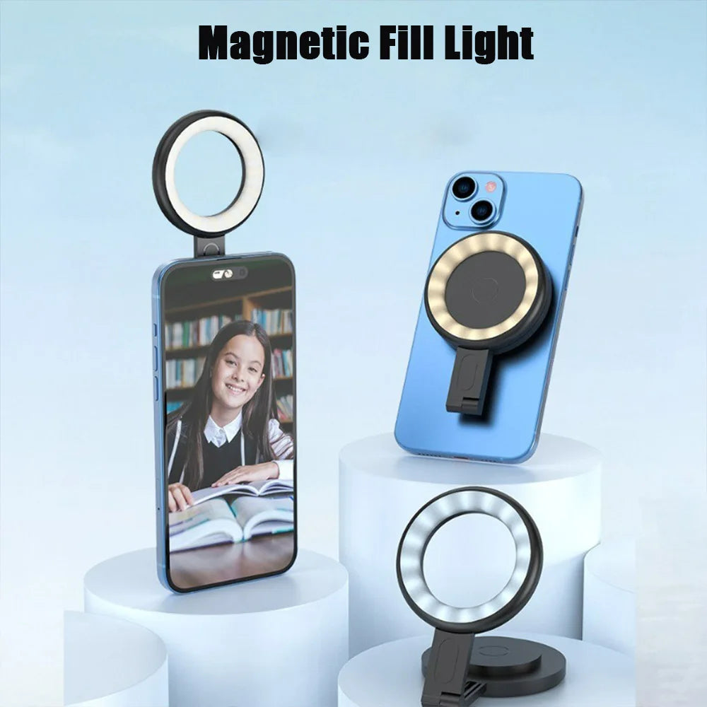 LED Magnetic Selfie Ring Light For iPhone 16 15 Magsafe Fill Light Photography Live Broadcast Ring Lamp Retractable Flip Bracket