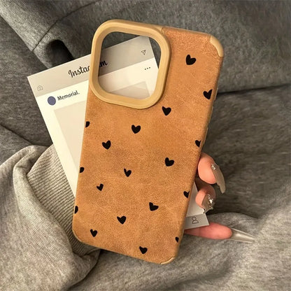 Small Love Heart Luxury Matte Lambskin Faux Leather Phone Case For iPhone 17 16 Pro Max 15 14 13 12 11 XS Max XR X 16 Plus Cover