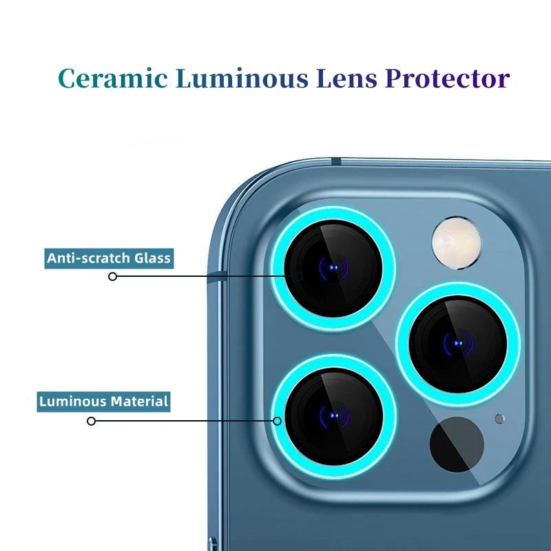 Luminous Ceramic Camera Protector Film For iPhone 16 14 13 12 11 15 Pro Max Plus 13 mini Lens Ring Tempered Glass Glowing Cap