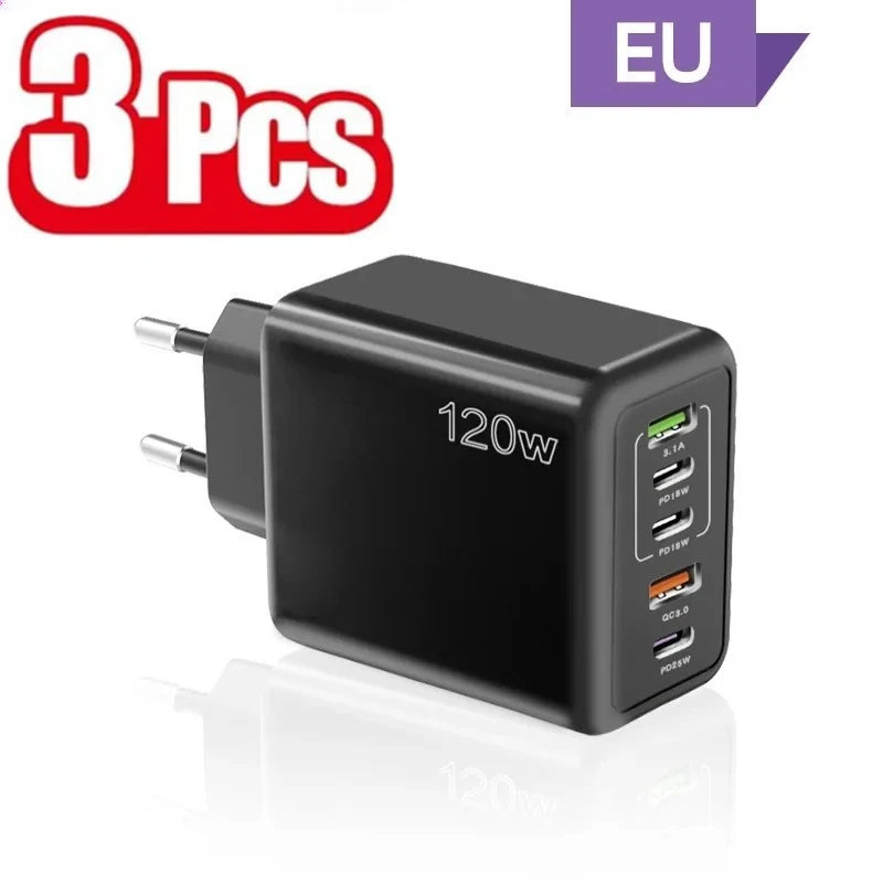 120W Multi Ports USB Charger Fast Charging Type C Mobile Phone Charger For iPhone 15 Huawei Samsung Xiaomi Quick Charge Adapter