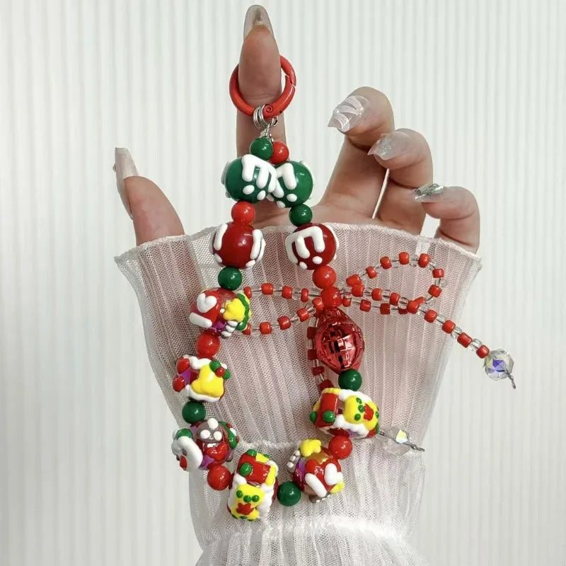 Christmas Mobile Phone Lanyard Cake Hand-painted Creative Beaded Mobile Phone Chain Car Keychain Pendant Earphone Accessories