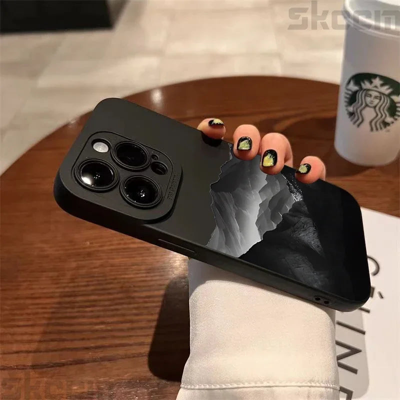 Black Mountain Peak Pattern Phone Case For iPhone 16 15 14 Pro Max 11 12 13 Mini XS XR X 8 7 Plus Shockproof Soft Silicone Cover