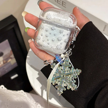 Dreamy Snowflake Quicksand Christmas Case For AirPods 4 ANC for Apple AirPods 1 2 3 Pro Pro2 Hard Earphone Cover with Keychain