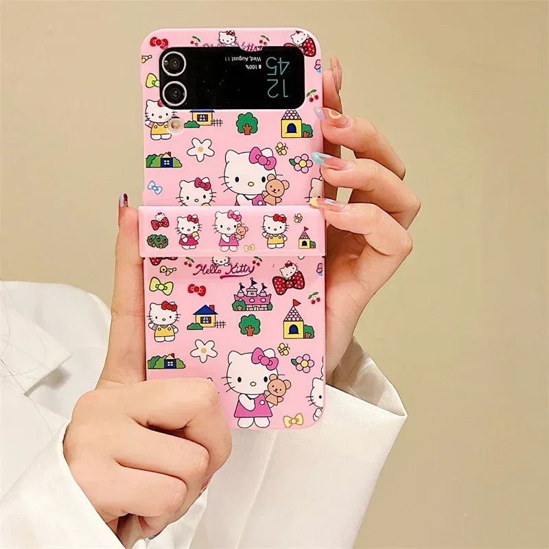 Cute Cartoon Sanrio Hello Kitty Phone Case For Samsung Galaxy Z Flip 6 5 Candy Colorful Hard Cover For Z Flip 3 4 With Lanyard