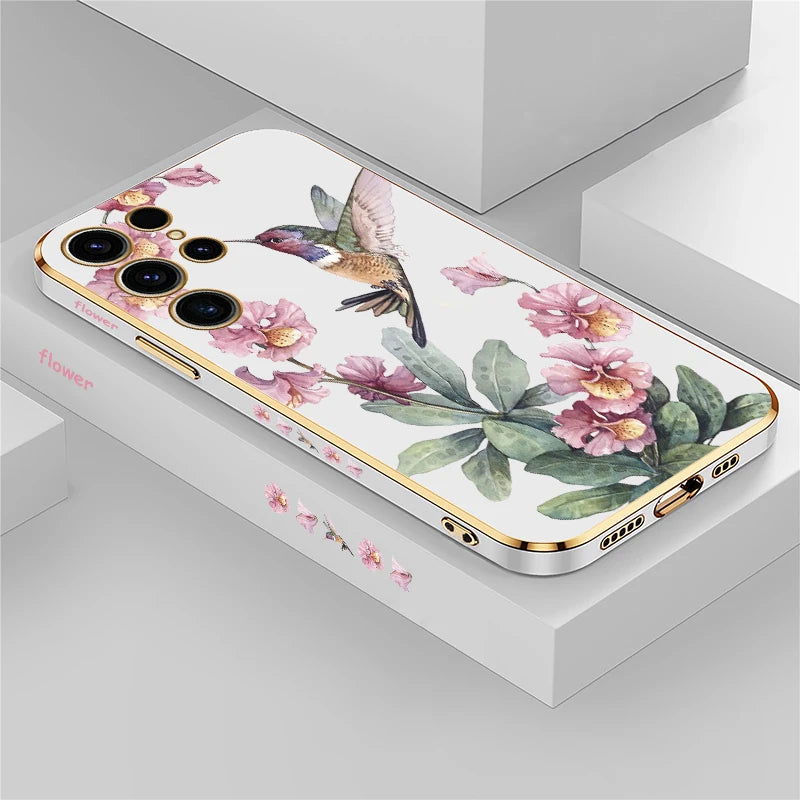 Phone Case For Samsung Galaxy S24 S21 FE S 25 Ultra S25 Plus 5G S23 FE S 24 S22 Plus Flower Bird Plating Protective Cover