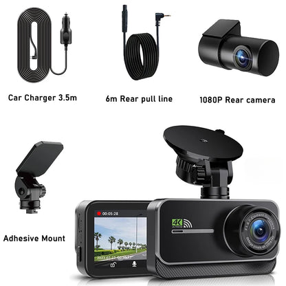 4K WiFi Dual Dash Cam Real 4K Optional rear/ cabin cam Installation 3"IPS NightVision 24H Parking Mode Dashboard Camera Recorder