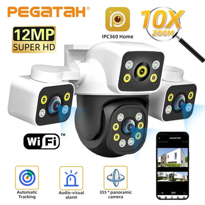 6K 12MP Outdoor WiFi Camera Three Screen Three Lens 10X Zoom PTZ Automatic Tracking Audible Visual Alarm Security Cam