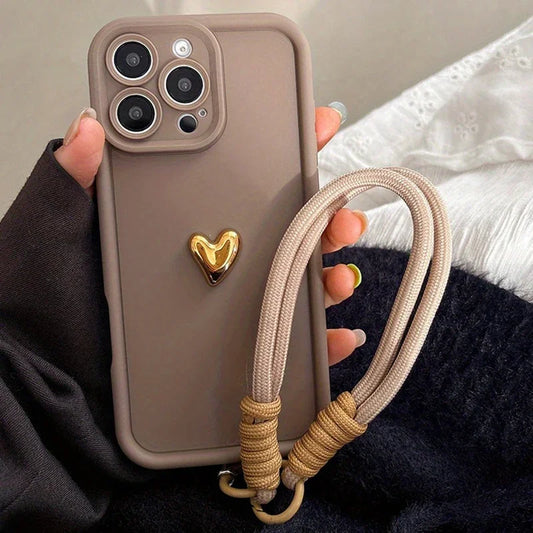 Cute Korean 3D Golden Love Heart Soft Case For iPhone 16 Pro Max 15 14 13 12 11 17 16 E Plus Luxury Wrist Chain Hang Strap Cover