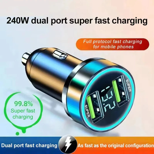 240W Car Charger Fast Charging 2 USB Ports Adapter For IPhone Samsung Xiaomi Quick Charging Chargers With Digital Display