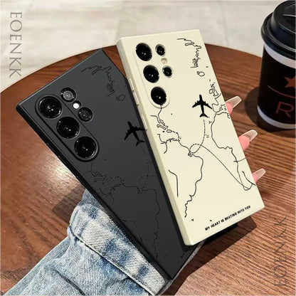 Silica gel Phone Case For Samsung Galaxy S25 S24 Ultra S23 S22 S21 S20 Ultra FE Plus Note 10 20 Lite Airplane Route Desian Cover