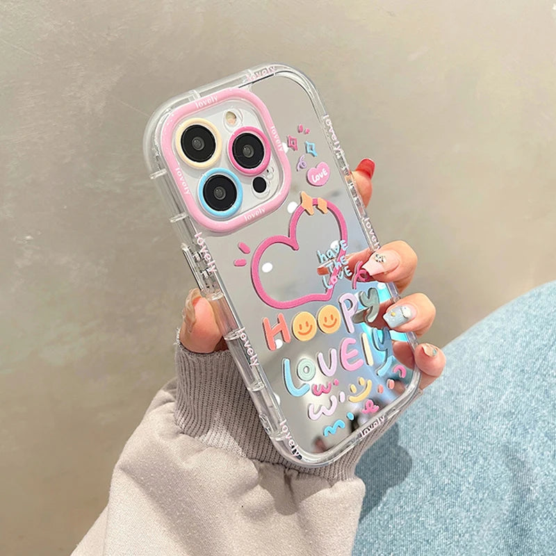 Cute Happy Lovely Love Heart Colorful With Mirror Phone Case For iPhone 11 12 13 14 15 16 17 Pro Max Air Shockproof Back Cover