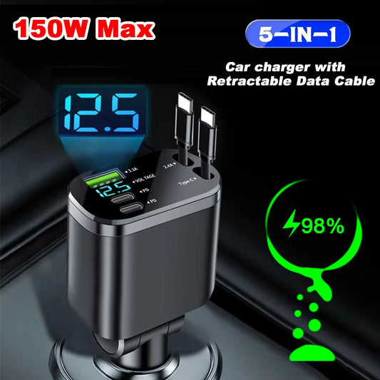 5 IN 1 Retractable Car Charger USB Type C PD Retractable Cable For iPhone Samsung Fast Charging Cord Cigarette Lighter Adapter