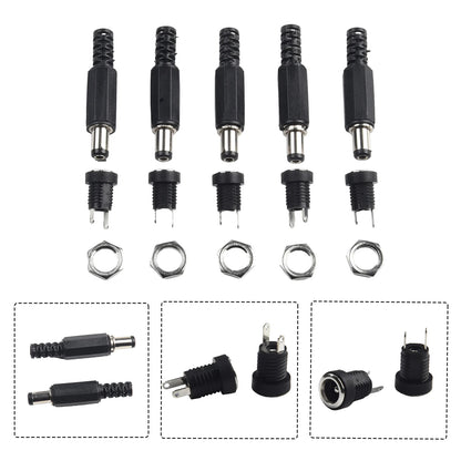 5 Pair DC 12V Male Female Socket Panel Mount Barrels Jack Plug Power Connector Female Jack Screw Nut Panel Mount Connector