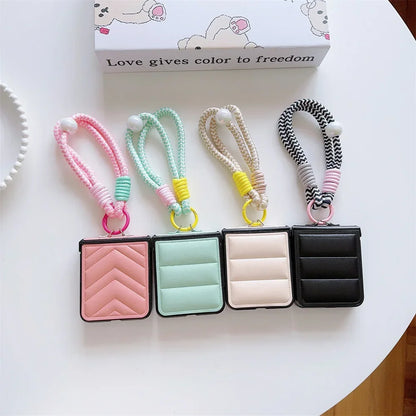 Down Jacket Style PU Leather Cover Wrist Strap Bracelet For Samsung Galaxy Z Flip 7 6 5 4 3 5G Hard Hinge Protective Phone Case
