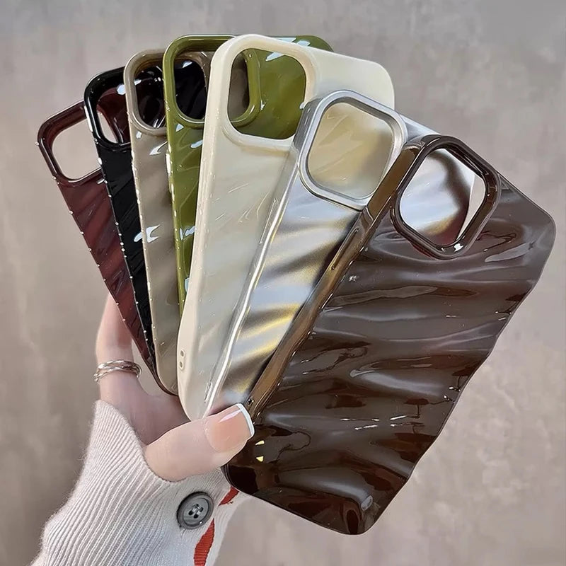 Luxury 3D Wavy Pattern Phone Case For iPhone 16 15 14 13 12 Pro Max Plus Solid Color Glossy Soft Silicone Case Phone Accessories