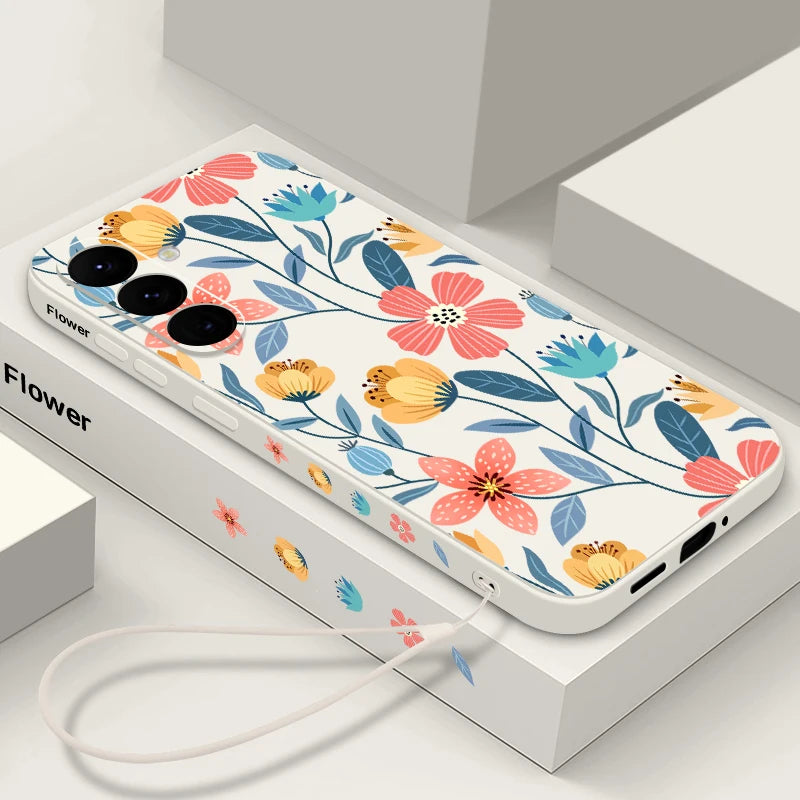 Colorful Flower Case For Samsung Galaxy S24 S23 S22 Ultra S21 S20 FE A56 A15 A35 A55 A52 A53 A54 5G S25 Silicone Lanyard Case