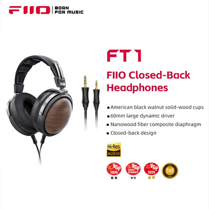 FiiO FT1-New version Closed-Back Over-Ear  Fiber Composite Diaphragm Wired Hi-Fi Headphones, American walnut Ear Cups for Studio