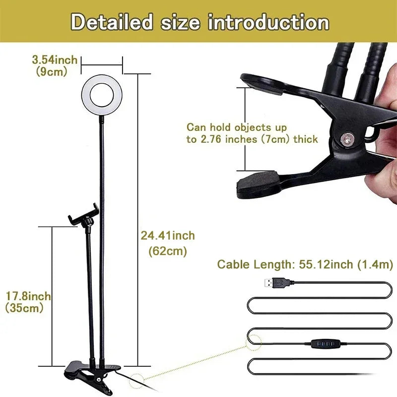 Universal Flexible Mobile Phone Holder with Selfie Ring Light Office Lazy Bracket Desk Lamp LED Light for Live Stream Fill light