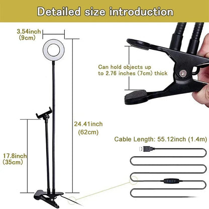 Universal Flexible Mobile Phone Holder with Selfie Ring Light Office Lazy Bracket Desk Lamp LED Light for Live Stream Fill light