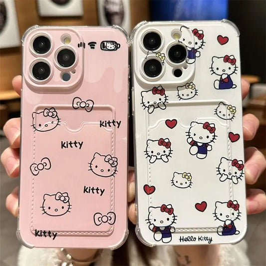 Cute Hello Kitty Card Holder Wallet Phone Case for Iphone 16 15 14 12 11 Pro Max 16 Plus 12 13 Mini X XS XR Shockproof Cover