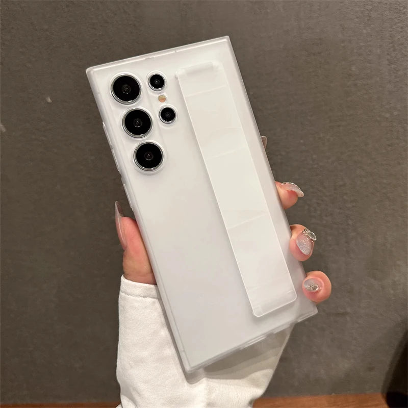 Luxury Ultra-Thin Matte Elastic Silicone Wrist Strap Shockproof Case For Samsung S25 Edge S24 S23 Ultra Plus PC Hard Clear Cover