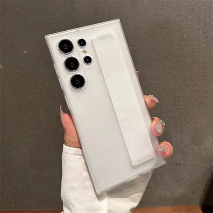 Luxury Ultra-Thin Matte Elastic Silicone Wrist Strap Shockproof Case For Samsung S25 Edge S24 S23 Ultra Plus PC Hard Clear Cover