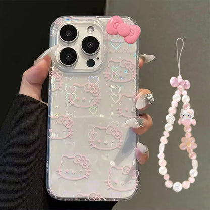 Lovely Hello Kitty Bow Kawaii Holder Phone Case For iPhone 16 15 14 12 13 11 Pro Max XR XS MAX 7 8 PLUS MINI Y2K Bow Laser Cover