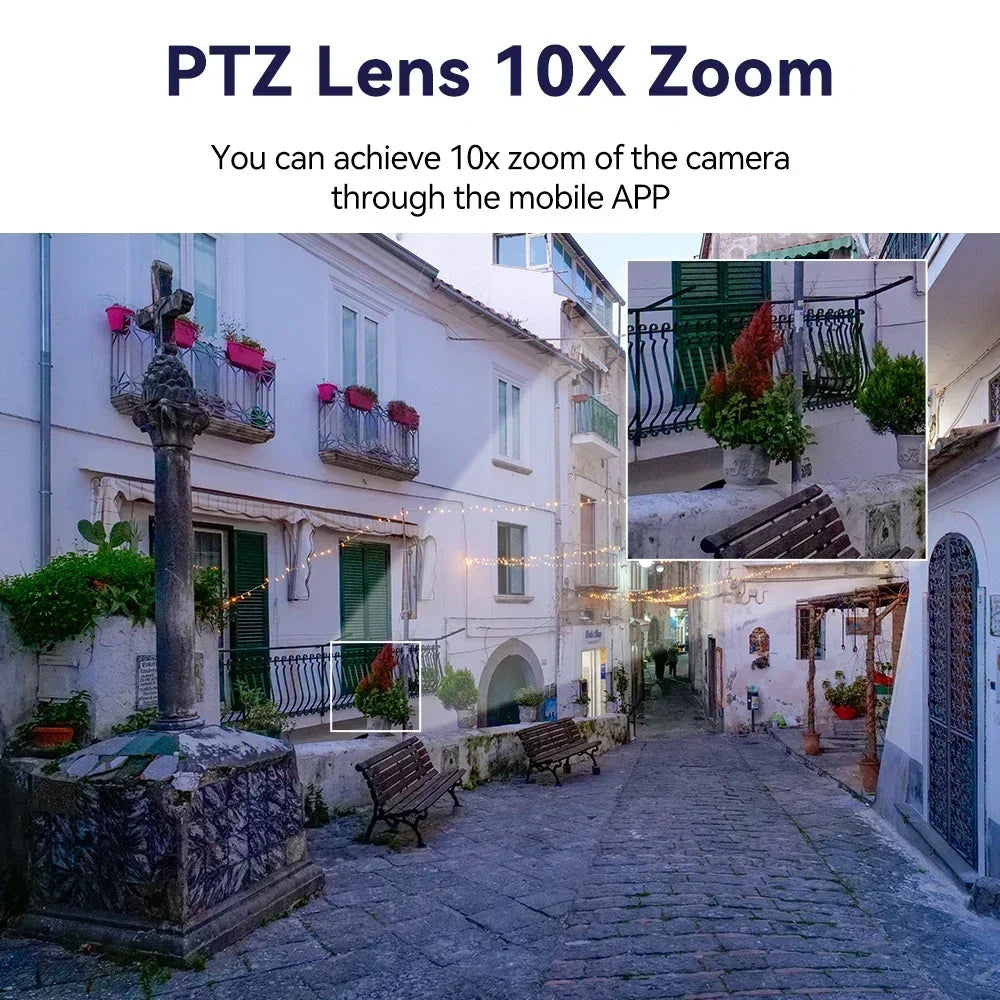 6K 12MP Outdoor WiFi Camera Three Screen Three Lens 10X Zoom PTZ Automatic Tracking Audible Visual Alarm Security Cam