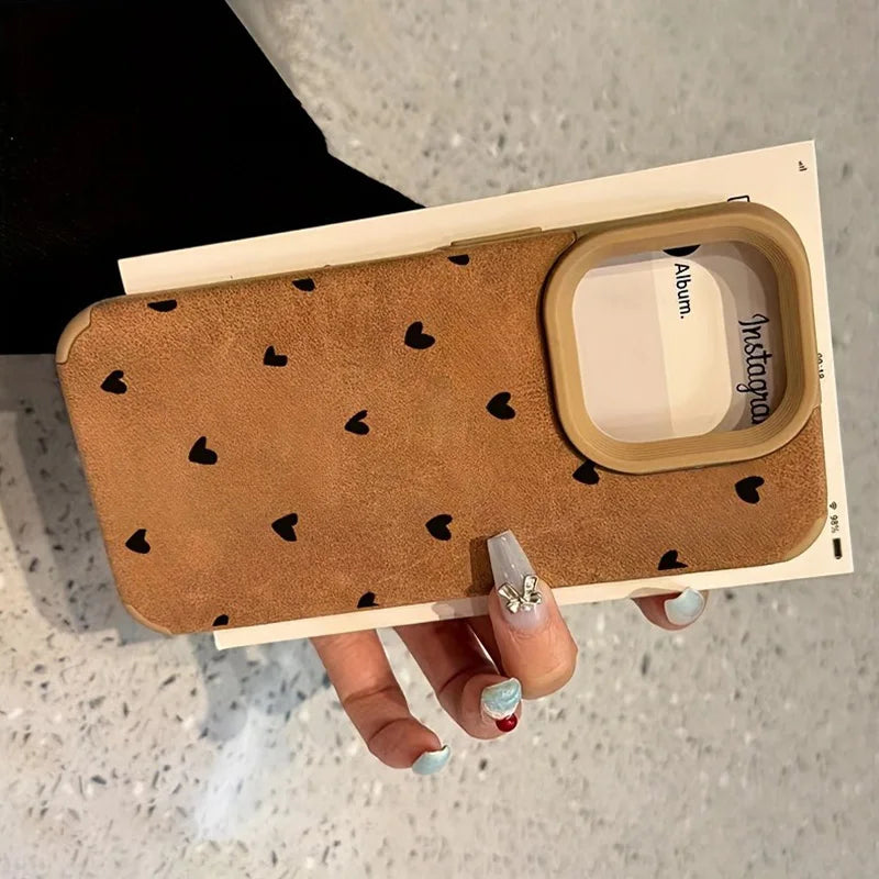 Small Love Heart Luxury Matte Lambskin Faux Leather Phone Case For iPhone 17 16 Pro Max 15 14 13 12 11 XS Max XR X 16 Plus Cover