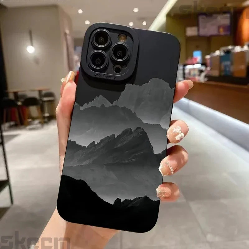 Black Mountain Peak Pattern Phone Case For iPhone 16 15 14 Pro Max 11 12 13 Mini XS XR X 8 7 Plus Shockproof Soft Silicone Cover
