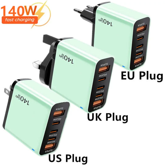 4-in-1 Type C Cable USB C PD Fast Charger 5 Ports Quick Charge Phone Adapter For iPhone Samsung Xiaomi Huawei OPPO Wall Charger