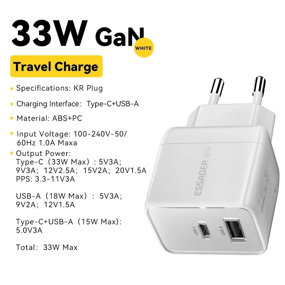 Essager GaN 33W USB Charger Fast Charger PD QC 3.0 USB C Charger Quick Charger For iPhone 14 13 Travel Charger for Samsung S21