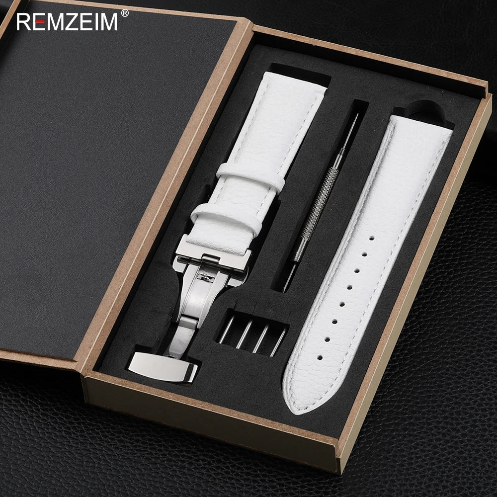 Litchi Pattern Design Leather Wrist Band 18mm 20mm 22mm Men Women Strap with Butterfly Buckle Gift Box Packaging Watchband