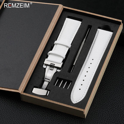 Litchi Pattern Design Leather Wrist Band 18mm 20mm 22mm Men Women Strap with Butterfly Buckle Gift Box Packaging Watchband