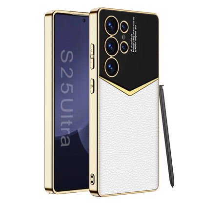 Luxury Leather Plating Frame S24Ultra S25Ultra Case For Samsung Galaxy S23 S24 S25 Ultra Soft Edge Shockproof Protection Cover