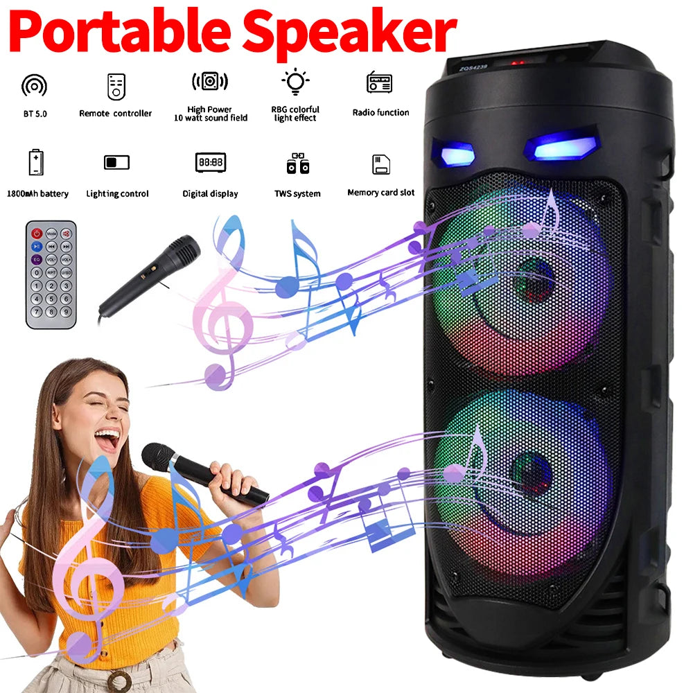 Bluetooth-Compatible Speaker Portable Speaker with Double Subwoofer Deep Bass Lights Wireless Stereo Speaker for Outdoor Party