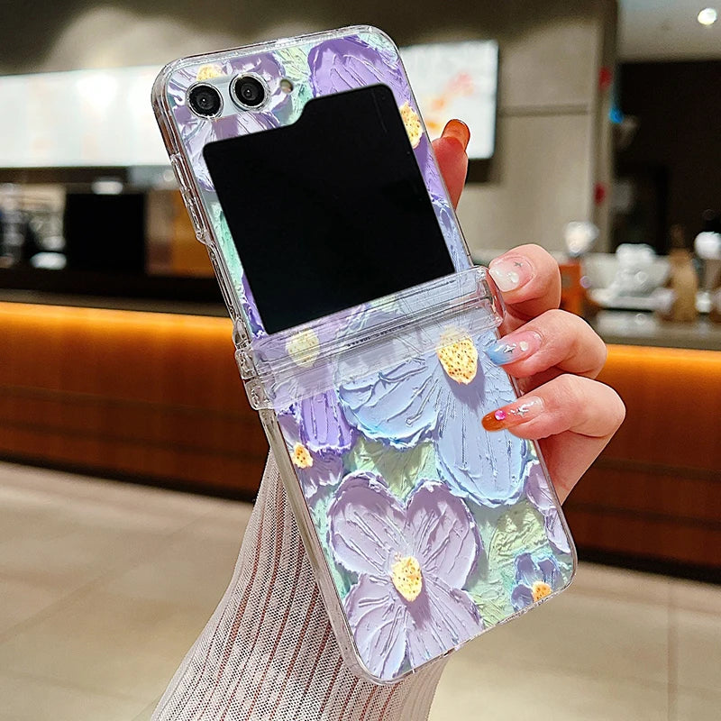 Oil Painting Flower Clear Case For Samsung Galaxy Z Flip 7 6 5 4 3 5G Folding Hard Phone Cover For Samsung Z Flip5 Flip4 Flip3