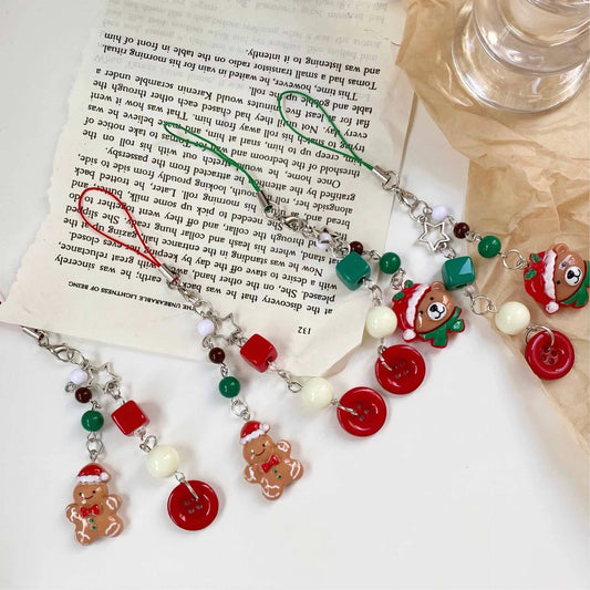 Christmas Phone Lanyard Gingerbread Man and Bear Pendant Christmas Tree Holiday Gifts Animal Beaded Phone Chain Keychain