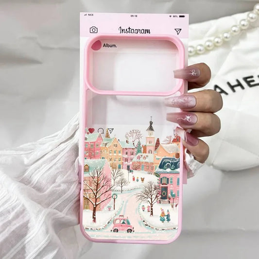 City Winter Village Christmas Phone Case For iPhone  17 Pro Max 16 17Air 15 14 Plus 13 12 11 17 8 7Plus Cute Pink Hard Cover Bag