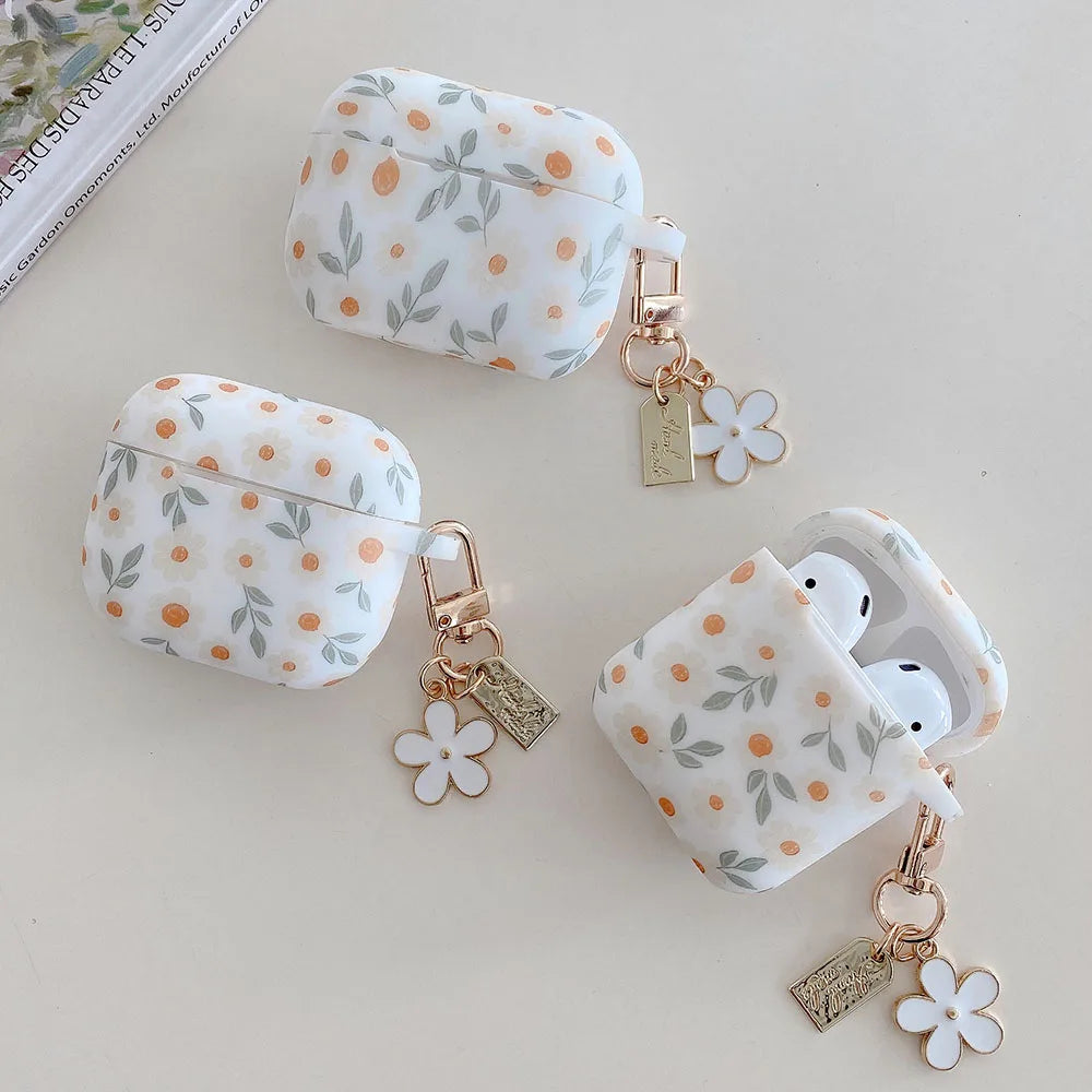 For Apple AirPods 4 ANC Flower Print Earphone Case For AirPods 2 3 Pro2 Silicone Soft Wireless Headphones Cover With Keychain