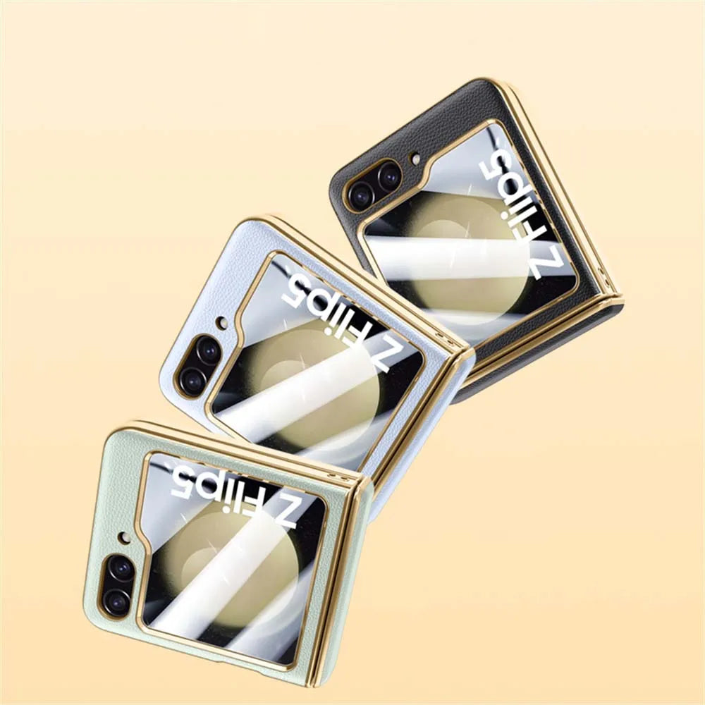 For Samsung Galaxy Zflip 5 6 Luxury Plating Pure Leather Hinge Phone Case For Samsung Z Flip5 Flip 6  Lens Protection Back Cover