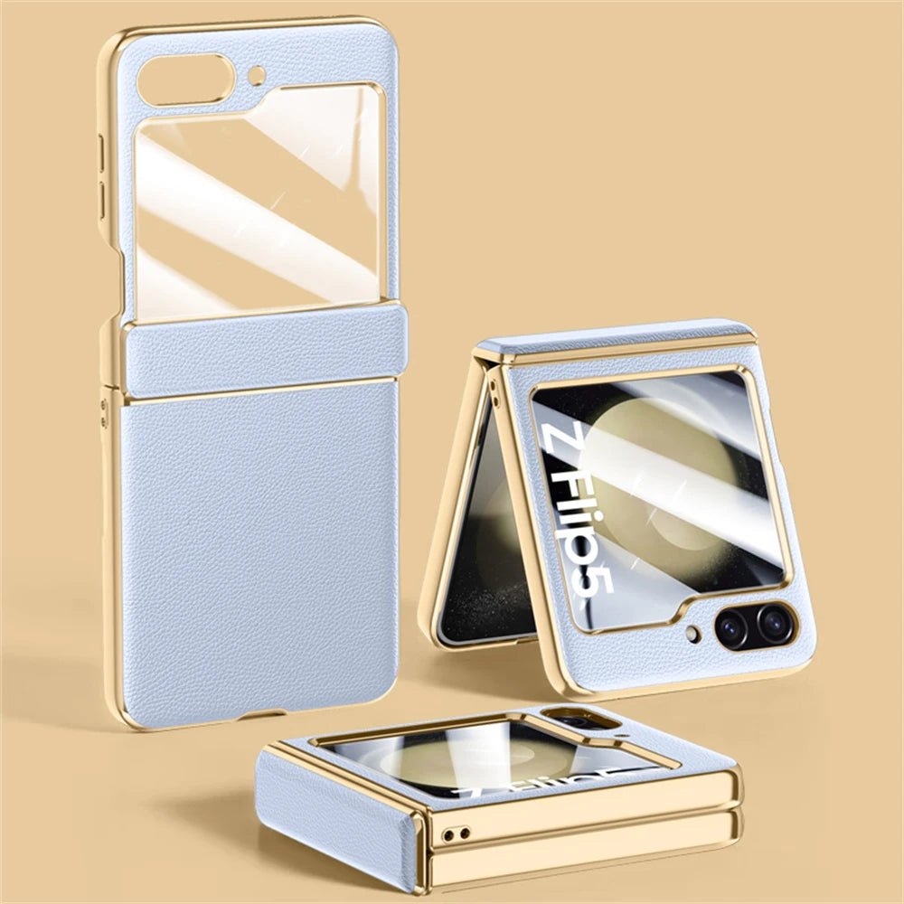 For Samsung Galaxy Zflip 5 6 Luxury Plating Pure Leather Hinge Phone Case For Samsung Z Flip5 Flip 6  Lens Protection Back Cover