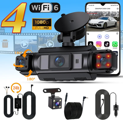 Car Dash Cam 4 Channel Black Box WiFi Driving Camera FHD 1080P Front Left Right Rear Night Vision Loop Recording add Hardwire ki
