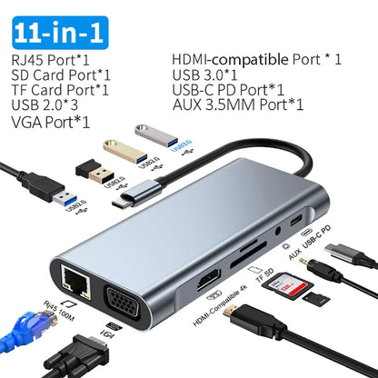 USB C HUB 4K 30Hz Type C to HDMI-compatible USB 3.0 Adapter 11 in 1 Type C HUB Dock PD 87W USB C Splitter for MacBook Pro Air