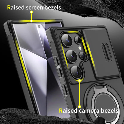 Armor Magnetic Bracket Case For Samsung Galaxy S25 S24 S23 S22 S21 Ultra Plus With Lanyard Slide Camera Protect Shockproof Cover