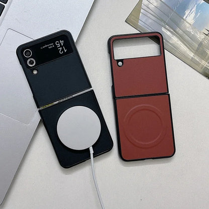 Business PU Leather Magsafe Case for Samsung Galaxy Z Flip 3 4 5 6 7 PC Shockproof Magnetic Wireless Charging Z Flip 6 7 Cover