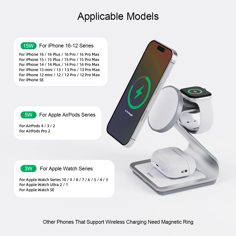 Bonola Magnetic 3 in 1 Wireless Charger for iPhone 16/15/13/14 Pro/12 30W Wireless Charging Station for Apple Watch/AirPods Pro