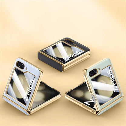 For Samsung Galaxy Zflip 5 6 Luxury Plating Pure Leather Hinge Phone Case For Samsung Z Flip5 Flip 6  Lens Protection Back Cover