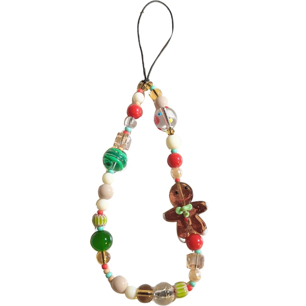 Korean Cute 3D Christmas Gingerbread Man Beaded Phone Acrylic Pendant Keychain For iPhone Girl Anti-Lost Chain Hanging Jewelry