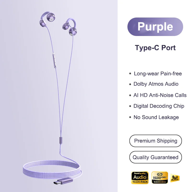 NEW Clip-on Type C&3.5mm Wired Headphones HIFI Sound Sports Earbuds Handfree Gaming Headsets With HD Mic Earphones For Samsung